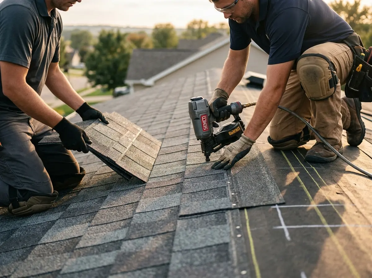 Professional roofer working on a residential roof in Bermuda Dunes